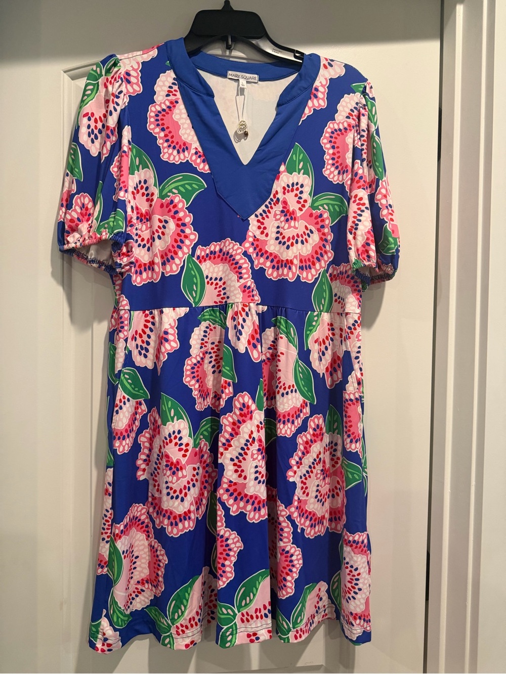Mary Square v-Neck Floral Babydoll Dress in Bright Blue and Pink